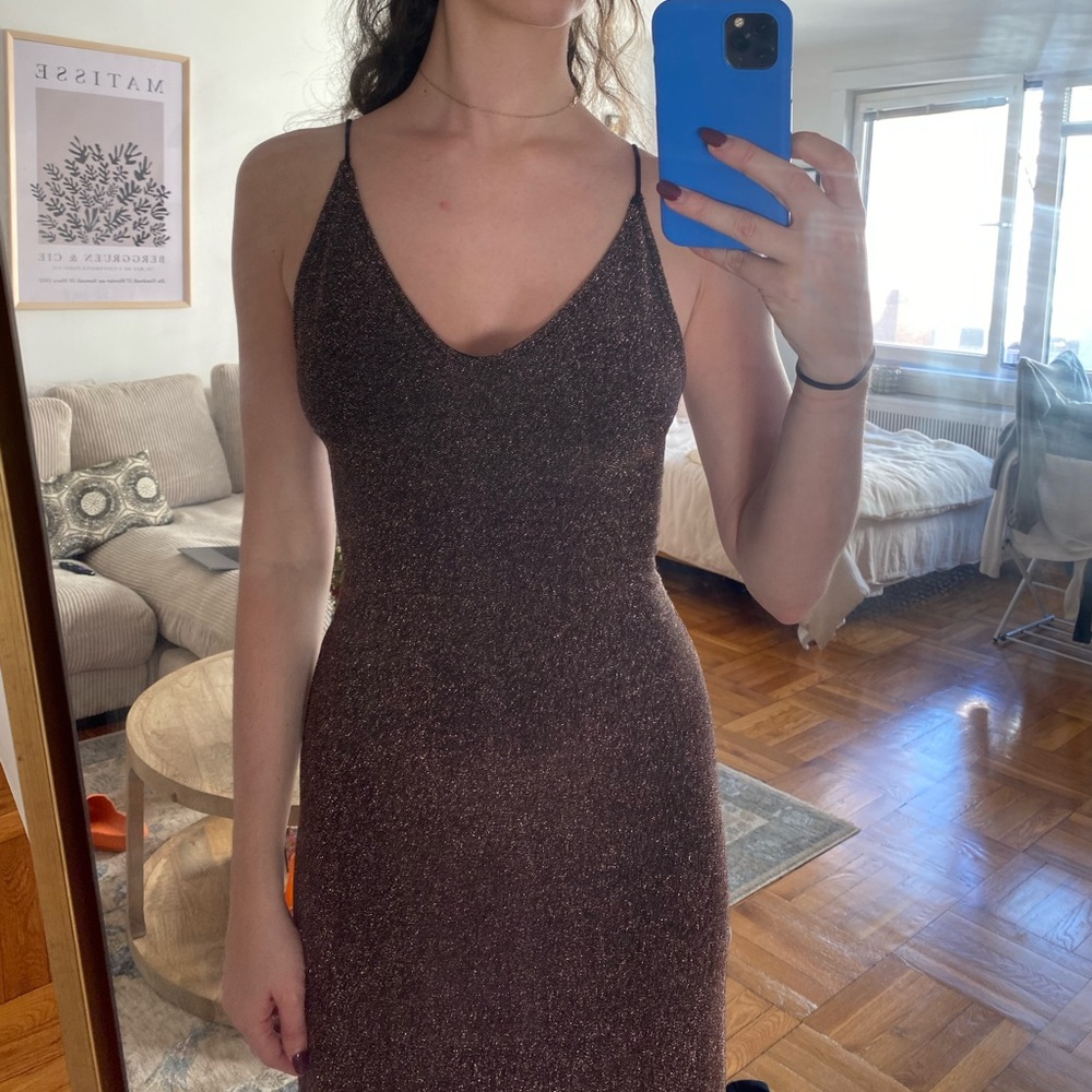 Sparkly floor length dress with slit in leg